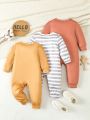 Baby Boys' Simple & Casual Three Piece Set With Expressions, Lettering And Stripes Print, Autumn/Winter