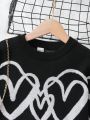 Tween Girl Heart Pattern Drop Shoulder Sweater