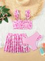 Toddler Girls' Fish Pattern Ruffled Bikini Set And Beach Skirt