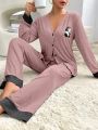 Cartoon Panda Print Contrast Panel Loungewear Set