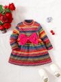 Baby Girls' Casual Geometric Printed Long Sleeve Dress With Mid-high Collar, Thickened For Autumn And Winter