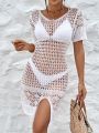 SHEIN Swim Vcay Women's Hollow Out Knitted Split Round Neck Cover Up