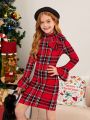 SHEIN Kids FANZEY Tween Girl 1pc Plaid Print Bow Front Flounce Sleeve Dress