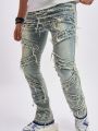 Teenage Boys' New Distressed Vintage Jeans With Patchwork And Frayed Hem, Casual And Stylish