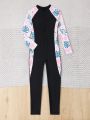 Girls' (Big) One Piece Swimsuit With Tropical Pattern Patchwork Long Sleeves And Pants