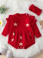 Baby Girl Star Pattern Ruffle Trim Knit Bodysuit & Headband