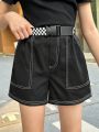 SHEIN Kids HYPEME Tween Girls' Sports Streetwear Chino Shorts With Woven Two-Tone Panels And Contrast Stitching