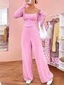 SHEIN Qutie Pink Knitted Lettuce Hem Edge Two Pieces Set