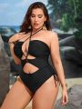 SHEIN Swim SXY Plus Cut Out Crisscross Tie Backless Halter One Piece Swimsuit