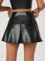 Janis Chow Women'S Pu Leather Skirt With Letter And Heart Embroidery Design