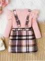 SHEIN Baby Girl Guipure Lace Ruffle Trim Tee & Plaid Print Suspender Skirt