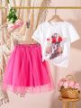 SHEIN Kids CHARMNG Girls' Romantic And Elegant 3d Flower Decoration Printed T-shirt With Mesh Poofy Skirt Two-piece Set For Spring And Summer