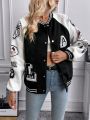 Letter Graphic Patched Detail Striped Trim Drop Shoulder Varsity Jacket