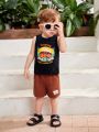 SHEIN Baby Boy Summer Coconut Tree & Car Letter Patterned Vest Top And Elastic Waist Shorts Set For Vacation