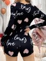 Women's Letter & Heart Print Long Sleeve Sleep Romper