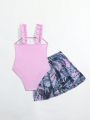 Young Girl Frill Trim One Piece Swimsuit With Plant Printed Cover-Up Skirt