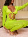 SHEIN Slayr Neon Lime Tie Front Plunging Neck Unitard Jumpsuit Without Lingerie Set