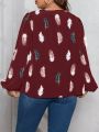 SHEIN LUNE Plus Feather Print Lantern Sleeve Ruched Front Blouse