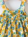 Baby Floral Print Bow Front Cami Dress With Hat