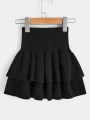 Little Girls' Wide Waist Double Layer Ruffle Hem Knit Midi Skirt
