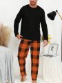 Men's Solid Color Long Sleeve T-shirt And Plaid Pants Pajama Set