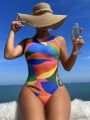 SHEIN Swim Basics Women's Geometric Print Crew Neck One-Piece Swimsuit