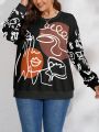 SHEIN LUNE Plus Size Abstract Face Printed Round Neck Sweatshirt