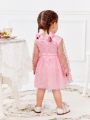 SHEIN Baby Girls' Elegant Pink Butterfly & Polka Dot Mesh Long Sleeve Dress