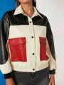 EVERGLOW Colorblock Flap Pocket PU Leather Jacket