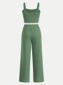 SHEIN Teen Girls' Knit Solid Color Cami Top + Loose Pants Casual Outfits