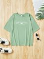 SHEIN Kids EVRYDAY Tween Girls' Knitted Letter Embroidered Loose Short Sleeve Casual T-Shirt