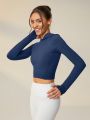 SHEIN Leisure Solid Crop Sports Hoodie With Thumb Holes