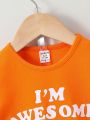 Baby Boys' Fun Letter Slogan Print Short Sleeve T-Shirt And Striped Shorts Set For Spring/Summer Casual Outfits