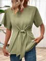 Ladies' Solid Color Hollow Out Collar Tie-Front Shirt