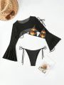 SHEIN Swim Y2GLAM Flame Printed Triangle Cup Bikini Set With Mesh Cover Up Top