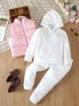 SHEIN Kids QTFun Young Girl Cute White Fleece Hoodie And Pants With Pink Quilted Vest Padded Coat 3pcs/Set For Autumn And Winter