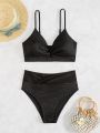 SHEIN Swim Basics Solid Color Twisted Strap & High Waist Bikini Set