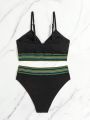 SHEIN Swim BohoFeel Women's Black Spaghetti Strap Two Pieces Swimsuit Set