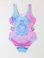 Tween Girl Marble Print Cut Out One Piece Swimsuit