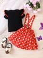 SHEIN Kids QTFun Toddler Girls' Ribbed T-shirt And Polka Dot Overall Dress With Bow