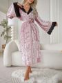 Women'S Lace Patchwork Bell Sleeve With Belted Waist Robe