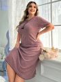 Plus Size Women's Round Neck Hollow Out Striped Short Sleeve Nightdress