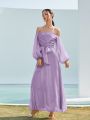 SHEIN Off Shoulder Lantern Sleeve Belted Organza Dress