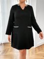 SHEIN Privé Plus Size Color Block Notch Neckline Dress With Double Pockets