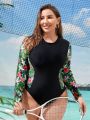 SHEIN Swim SPRTY Plus Size Tropical Printed Splicing One-Piece Swimsuit