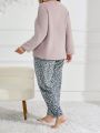 Plus Size Women'S Heart & Leopard Pattern Plush Long Sleeve Long Pants Home Suit