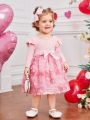 SHEIN Elegant Knit Patchwork 3d Flower Mesh Long Sleeve Belted Dress For Baby Girls