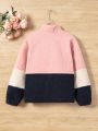 Tween Girl 1pc Letter Patched Colorblock Drop Shoulder Teddy Jacket