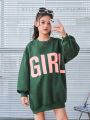 SHEIN Kids KDOMO Tween Girl Letter Graphic Lantern Sleeve Pullover