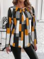 Plus Geometric Color Block Round Neck Shirt